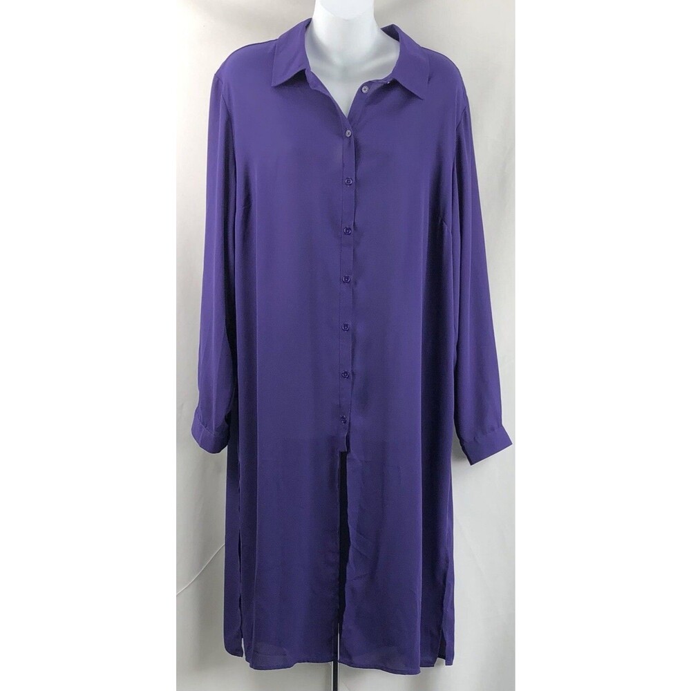 NWT Dex midi shirt dress 1X purple button up long sleeve cut out back slits